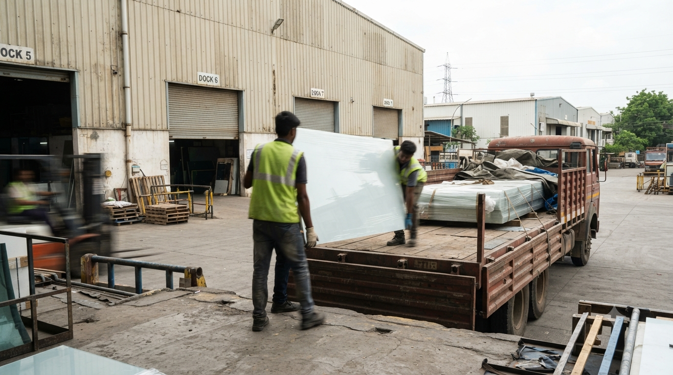 Warehouse staff loading acrylic sheets onto a delivery truck for pan-India dispatch