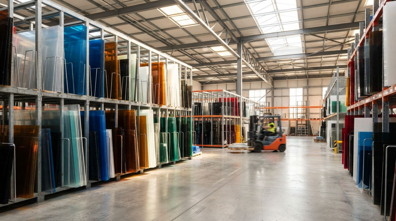 Colored acrylic sheets stacked in Shree Khodiyar Plastic's Ahmedabad warehouse showing depth of inventory